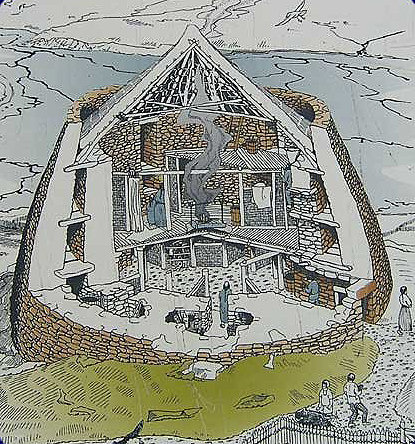 Cutaway showing what a broch may have looked like, based on a drawing by Alan Braby.
