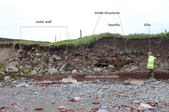 A possible broch at Channerwick, mainland Shetland. The outer wall is over 4m thick. You can see internal walls, bright orange peat ash of fireplaces - and an underground chamber.