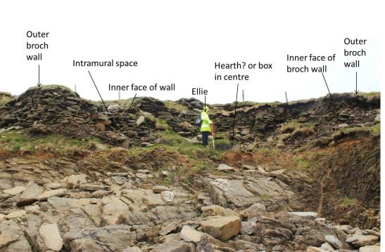 The massive walls of Munkerhoosebroch. Once the seaward side of the wall has collapsed the sea will quickly wash away internal structures, leaving behind this very typical hollowed out broch shell. 